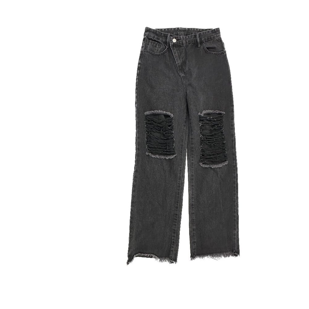Unbranded Distressed Raw Hem Baggy Overlap Waist Women  size L Black Denim Jeans